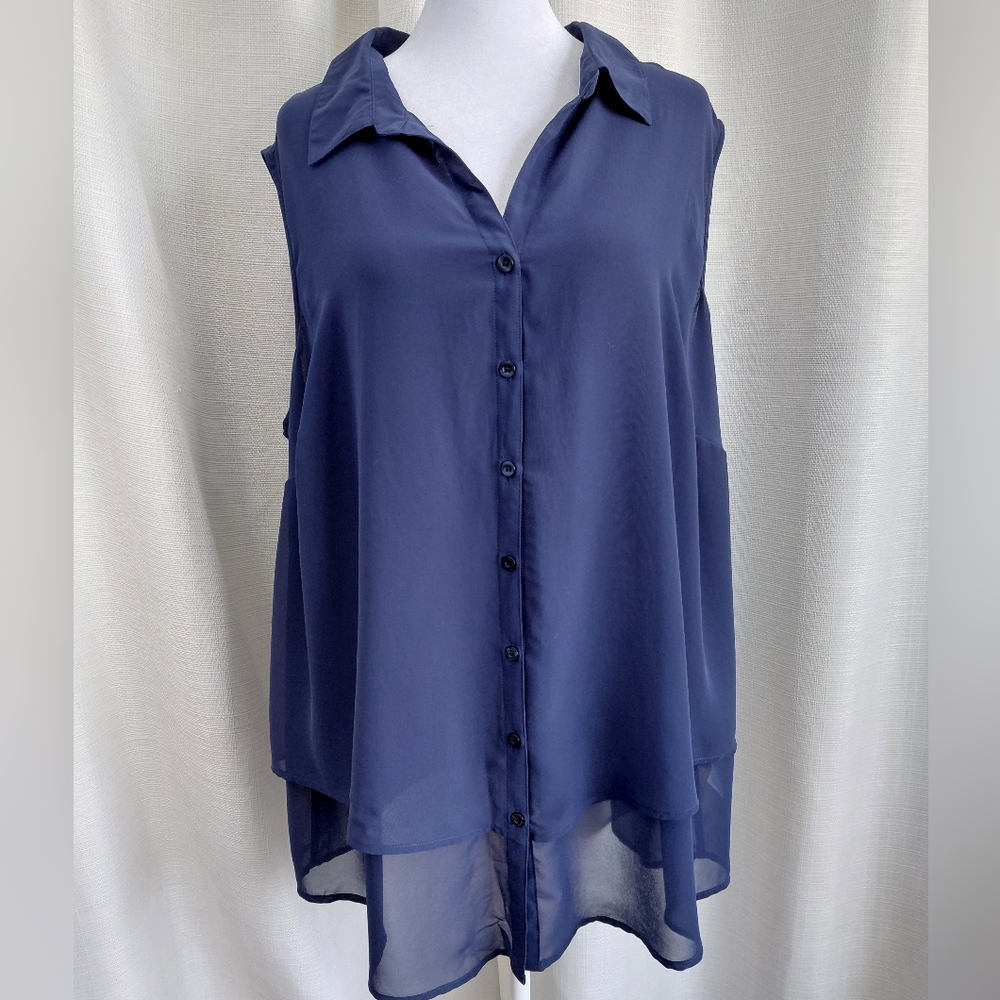Roaman's Deep Blue Sleeveless Button-Down Shirt